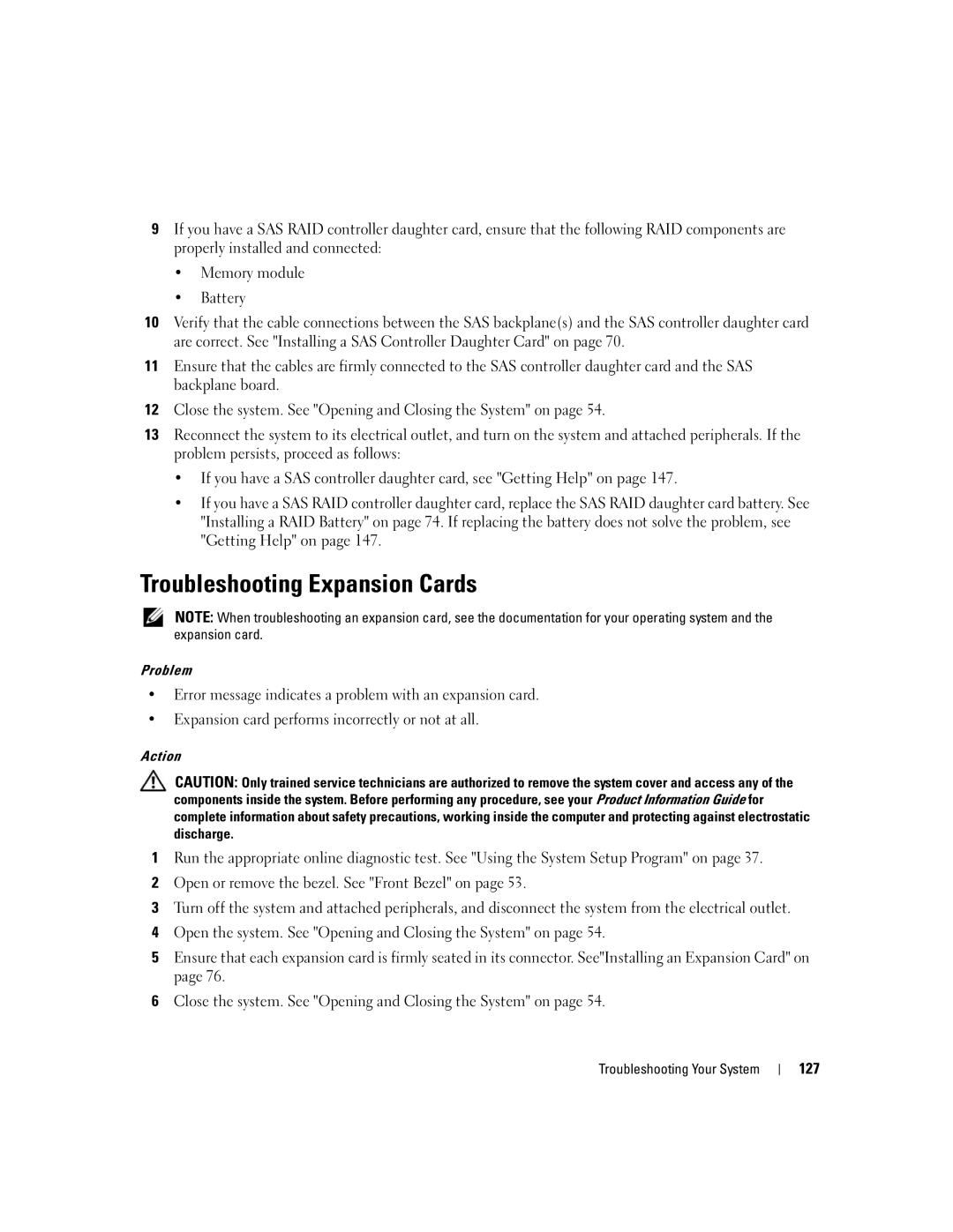 Dell 2950 owner manual Troubleshooting Expansion Cards, 127 