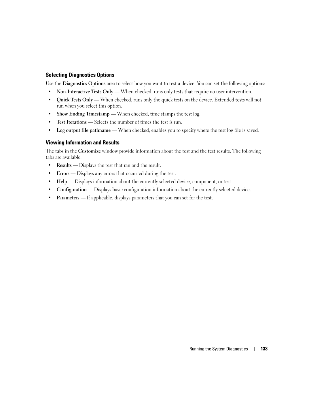 Dell 2950 owner manual Selecting Diagnostics Options, Viewing Information and Results, 133 