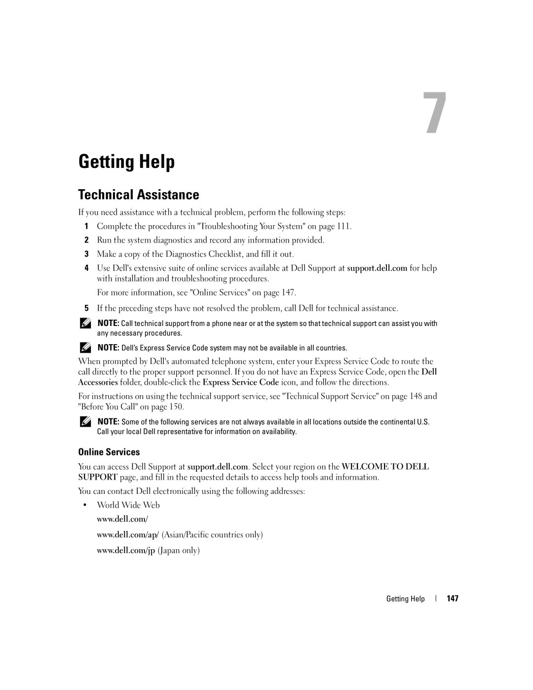 Dell 2950 owner manual Technical Assistance, Online Services, 147, Getting Help 