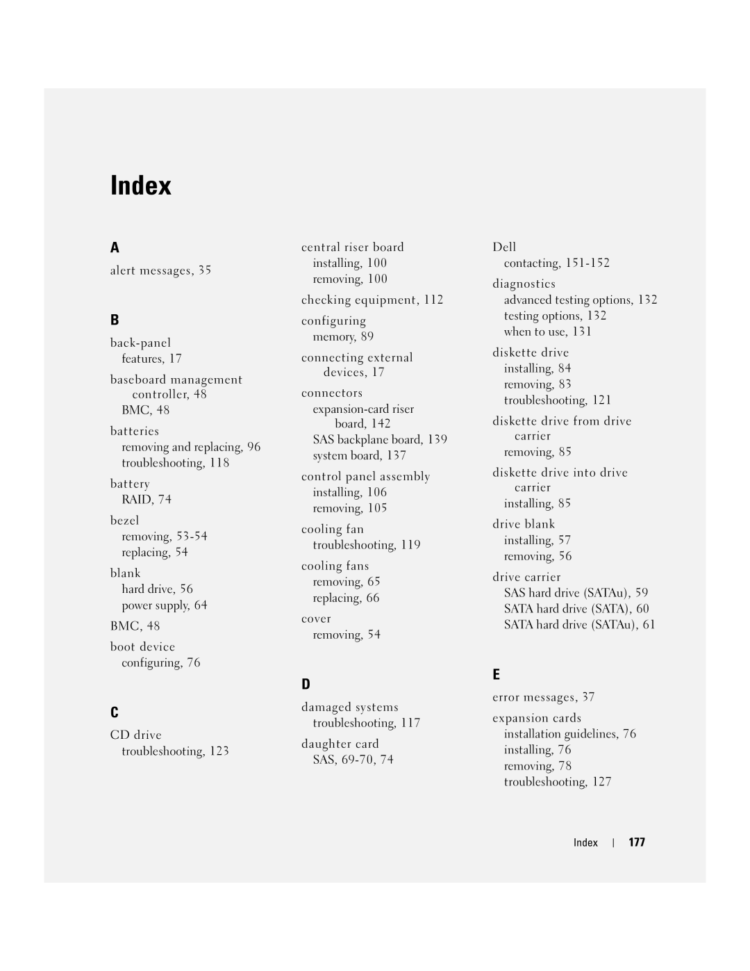 Dell 2950 owner manual 177, Connectors expansion-card riser, Index 