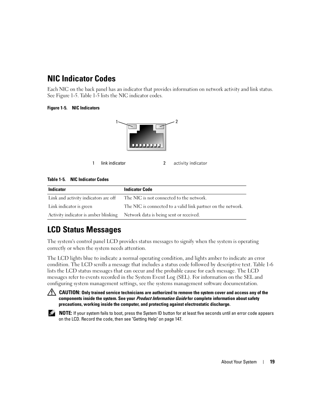 Dell 2950 owner manual NIC Indicator Codes, LCD Status Messages 