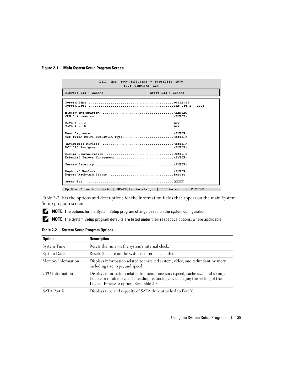 Dell 2950 owner manual Including size, type, and speed, CPU Information, Logical Processor option. See Table 