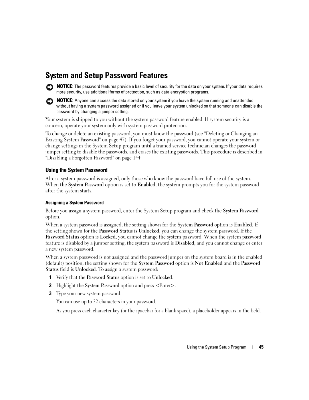 Dell 2950 owner manual System and Setup Password Features, Using the System Password 