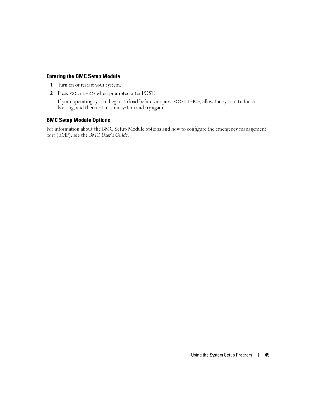 Dell 2950 owner manual Entering the BMC Setup Module, BMC Setup Module Options 