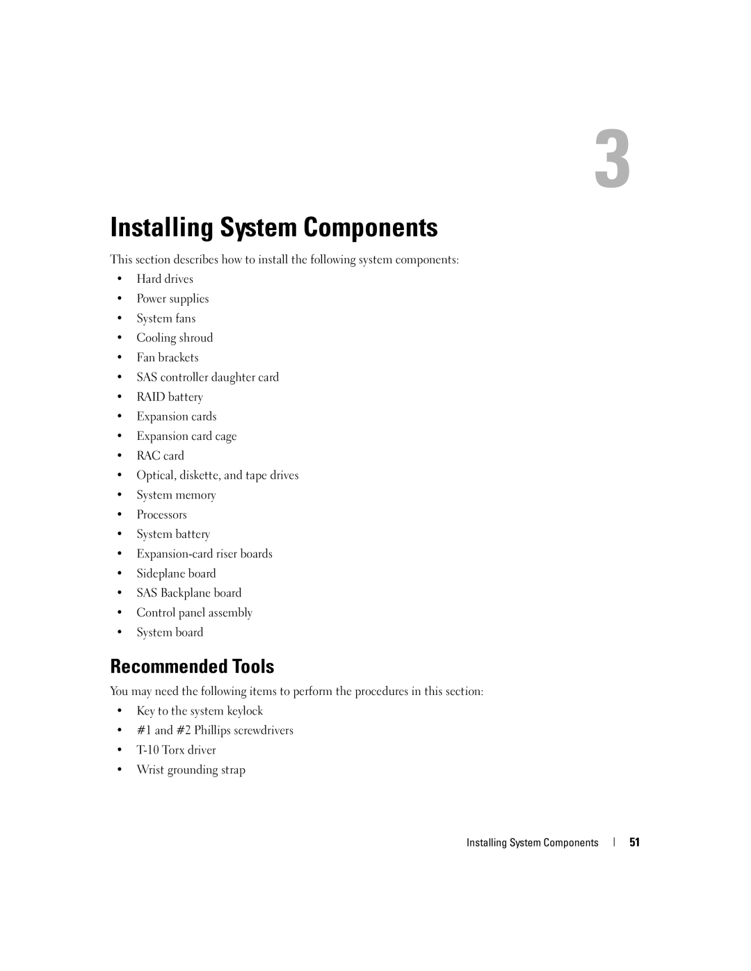 Dell 2950 owner manual Recommended Tools, Installing System Components 