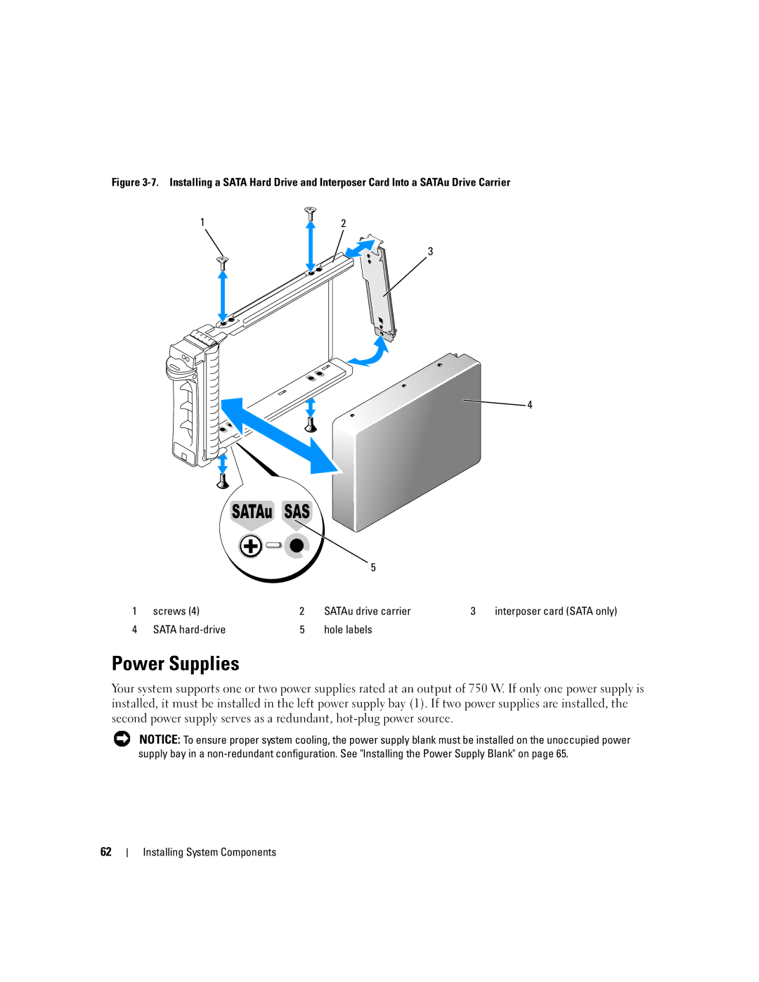 Dell 2950 owner manual Power Supplies, Sata hard-drive Hole labels 