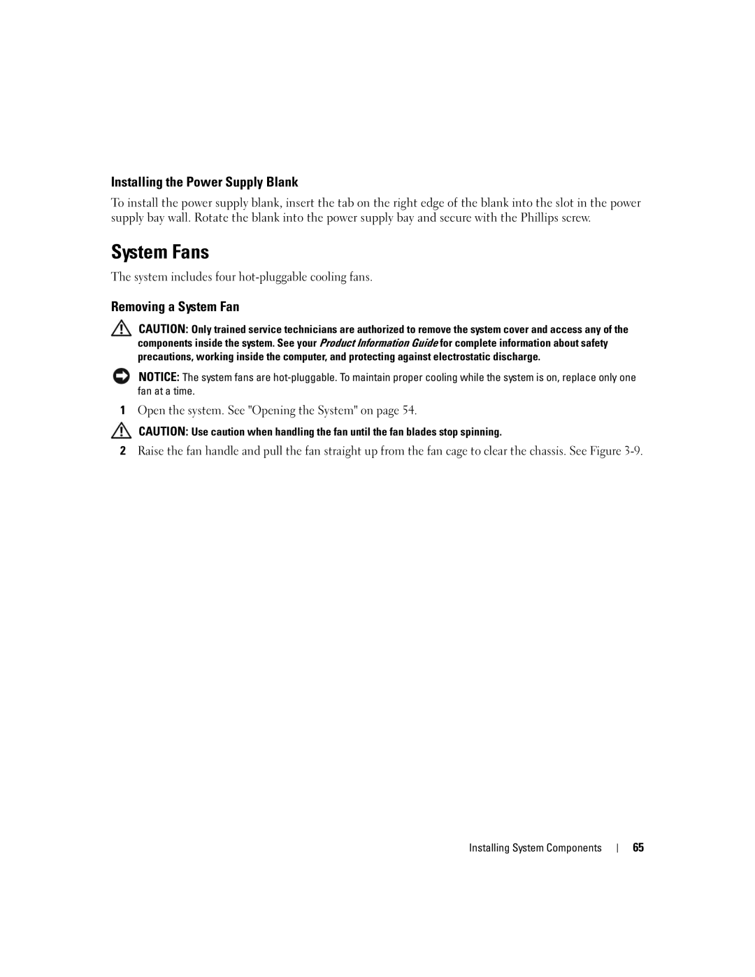 Dell 2950 owner manual System Fans, Installing the Power Supply Blank, Removing a System Fan 