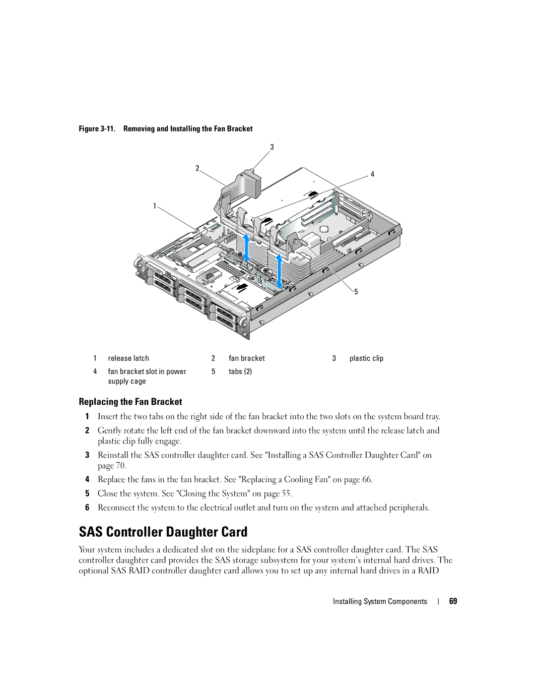 Dell 2950 owner manual SAS Controller Daughter Card, Replacing the Fan Bracket, Fan bracket slot in power Tabs Supply cage 