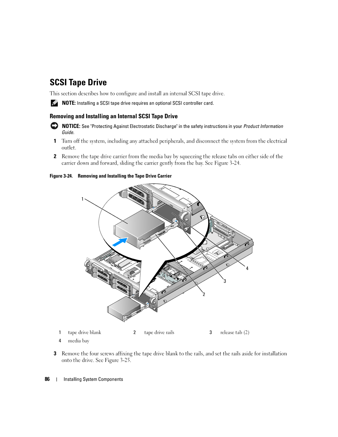 Dell 2950 owner manual Removing and Installing an Internal Scsi Tape Drive 