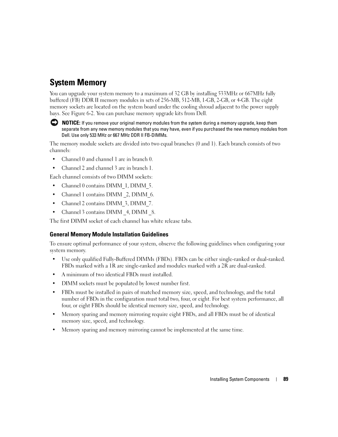 Dell 2950 owner manual System Memory, General Memory Module Installation Guidelines 