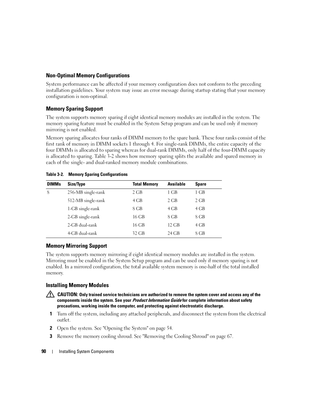 Dell 2950 Non-Optimal Memory Configurations, Memory Sparing Support, Memory Mirroring Support, Installing Memory Modules 