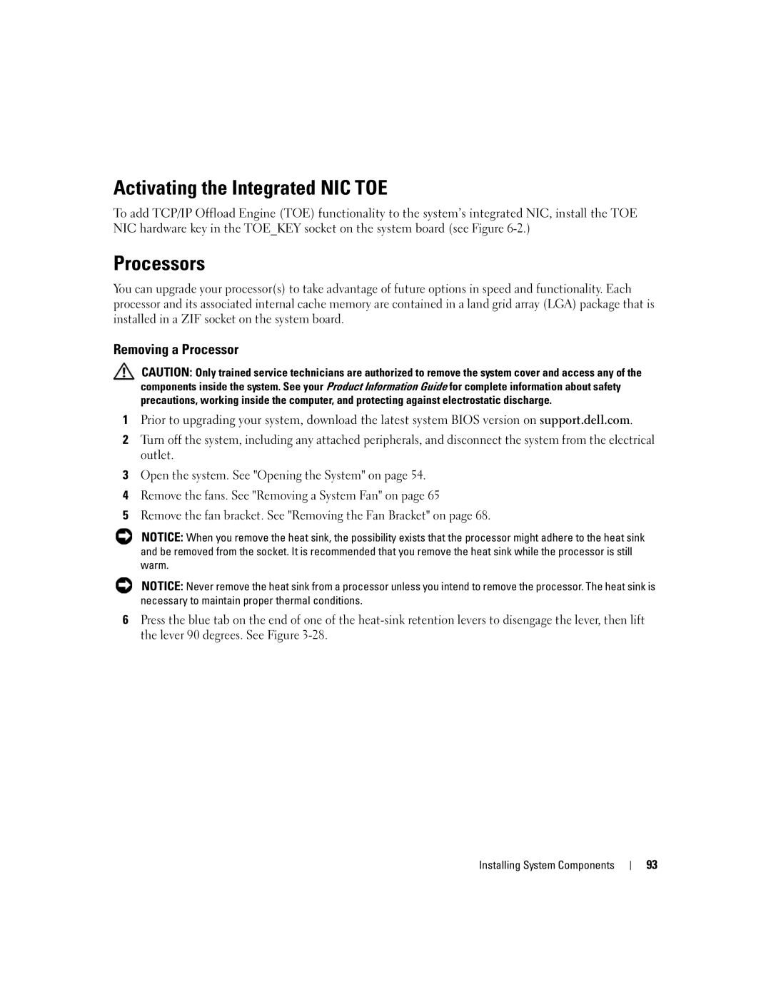 Dell 2950 owner manual Activating the Integrated NIC TOE, Processors, Removing a Processor 