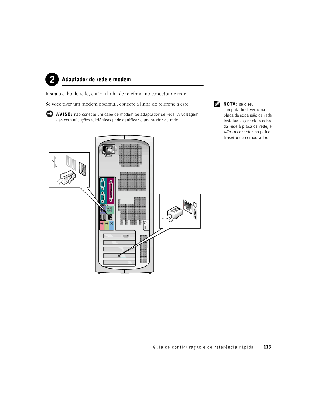 Dell 2G110 manual Adaptador de rede e modem, Guia de configuração e de referência rápida 113 