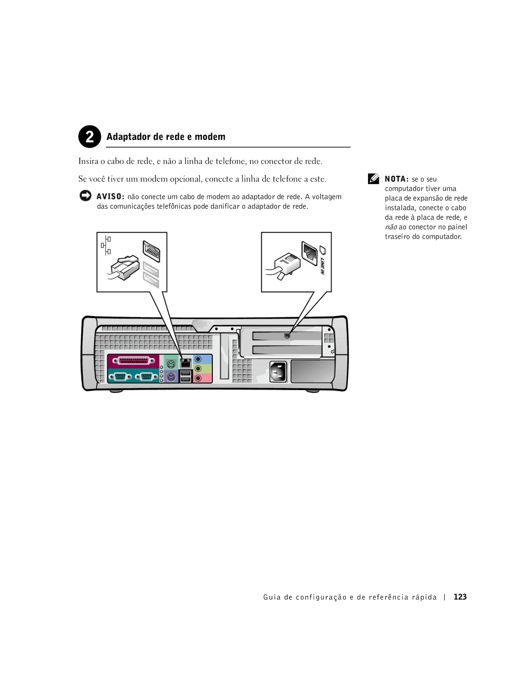 Dell 2G110 manual Adaptador de rede e modem, Guia de configuração e de referência rápida 123 