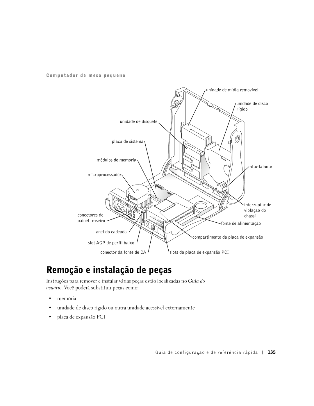 Dell 2G110 manual Remoção e instalação de peças, Anel do cadeado, Guia de configuração e de referência rápida 135 