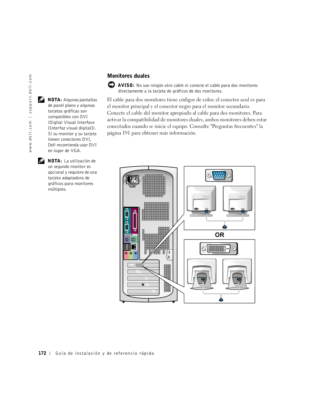 Dell 2G110 manual Monitores duales, 172 Guía de instalación y de referencia rápida 