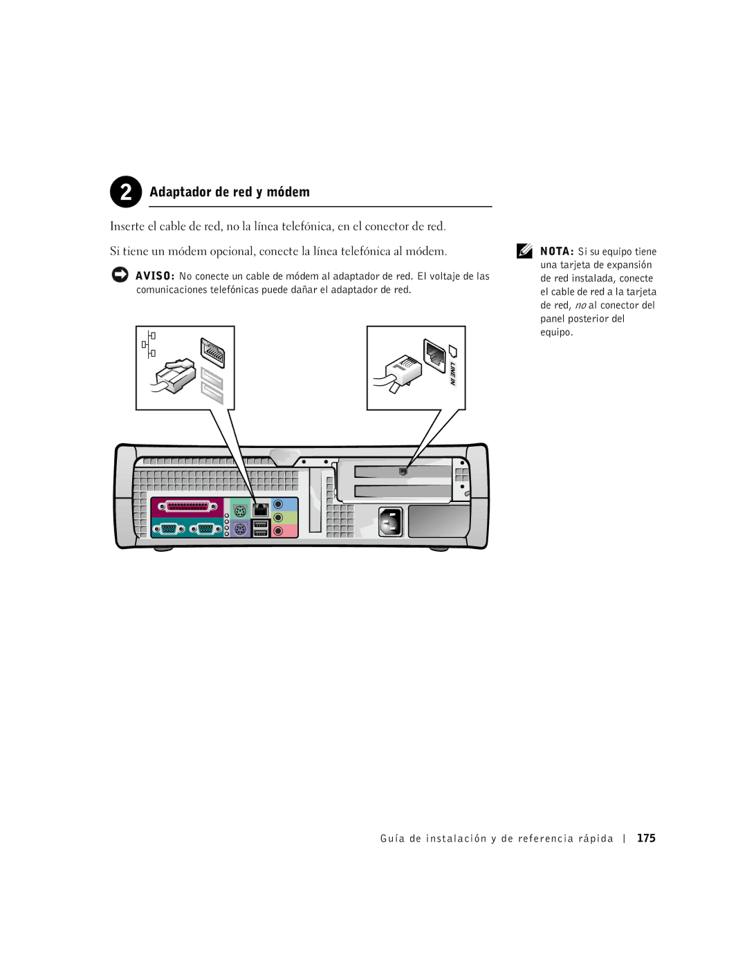Dell 2G110 manual Adaptador de red y módem, Guía de instalación y de referencia rápida 175 