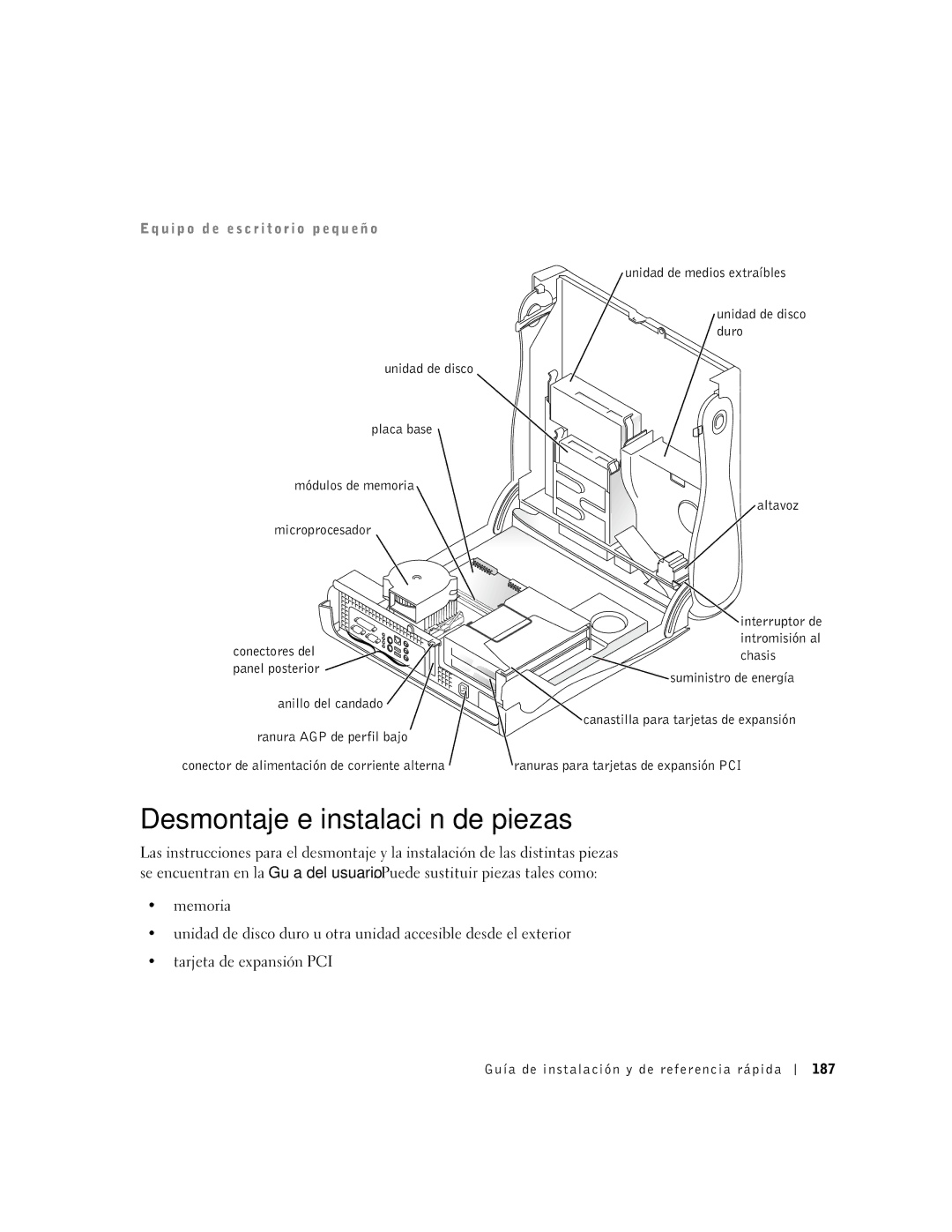 Dell 2G110 manual Desmontaje e instalación de piezas, Guía de instalación y de referencia rápida 187 