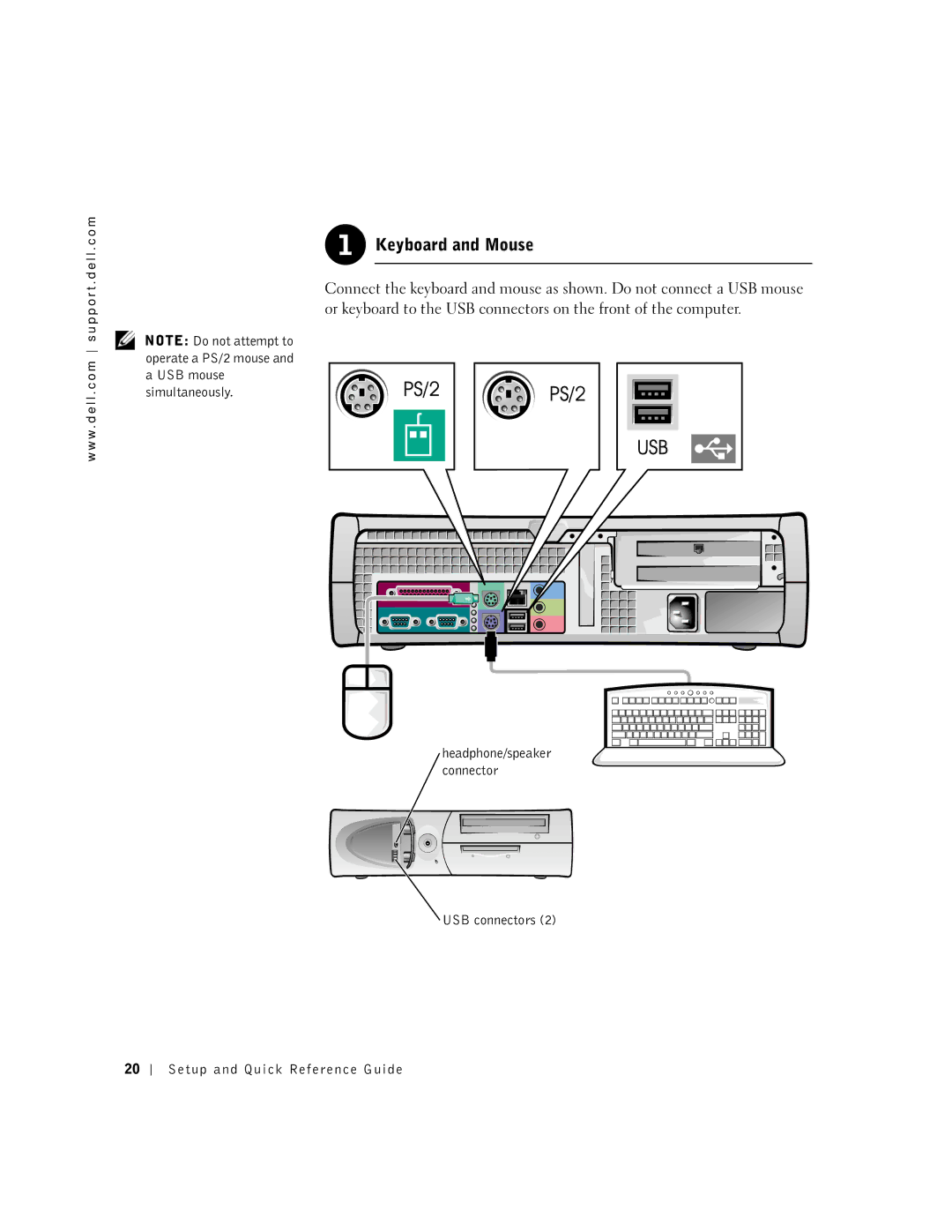 Dell 2G110 manual Keyboard and Mouse, USB connectors Setup and Quick Reference Guide 