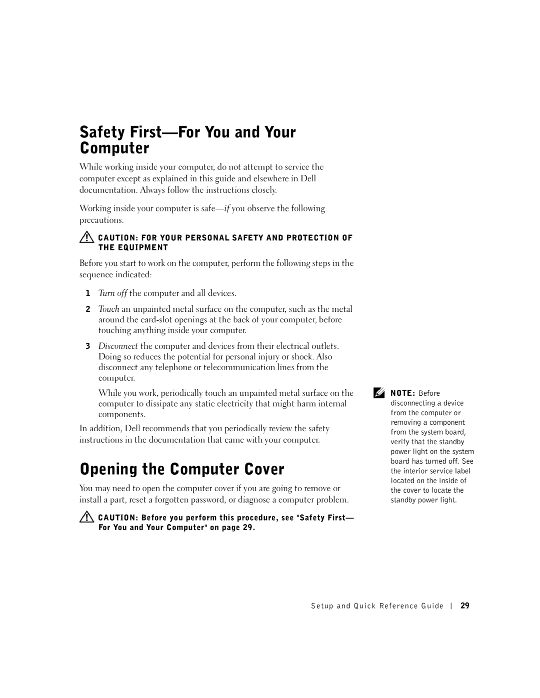 Dell 2G110 manual Safety First-For You and Your Computer, Opening the Computer Cover 