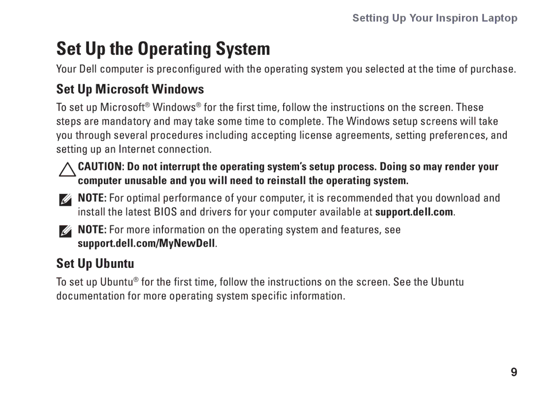 Dell N4010, P11G001, 02T7WRA02 setup guide Set Up the Operating System, Set Up Microsoft Windows, Set Up Ubuntu 