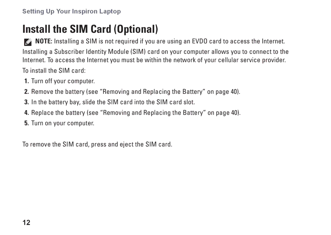 Dell 02T7WRA02, N4010, P11G001 setup guide Install the SIM Card Optional 