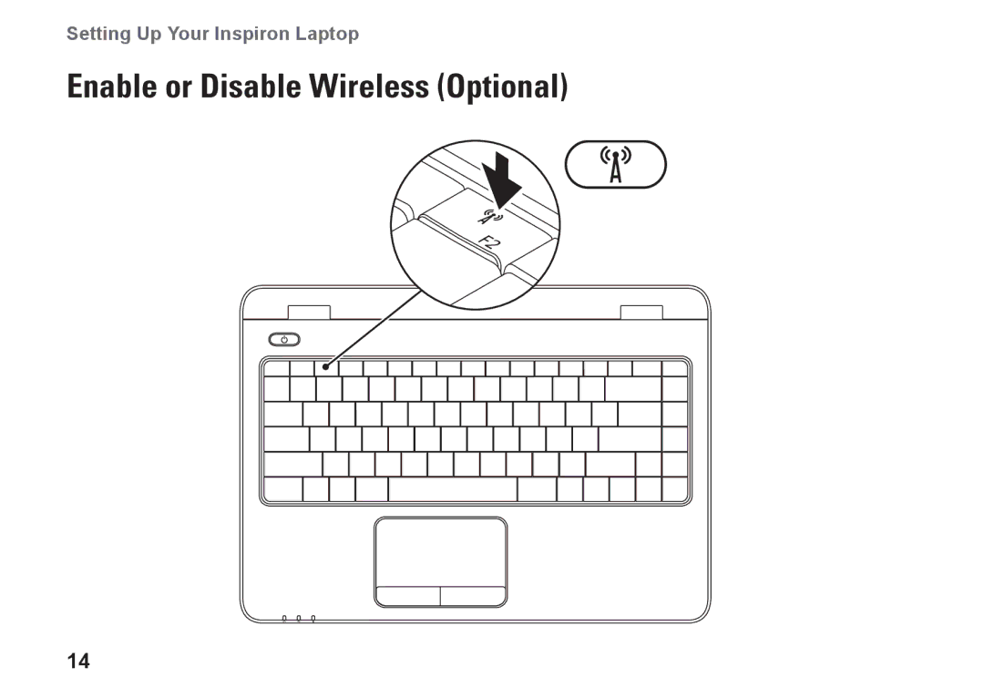 Dell N4010, P11G001, 02T7WRA02 setup guide Enable or Disable Wireless Optional 