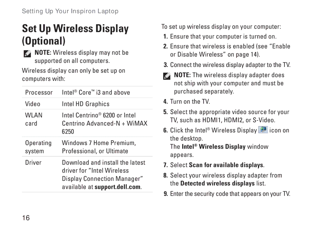 Dell N4010, P11G001, 02T7WRA02 setup guide Set Up Wireless Display Optional, Available at support.dell.com 