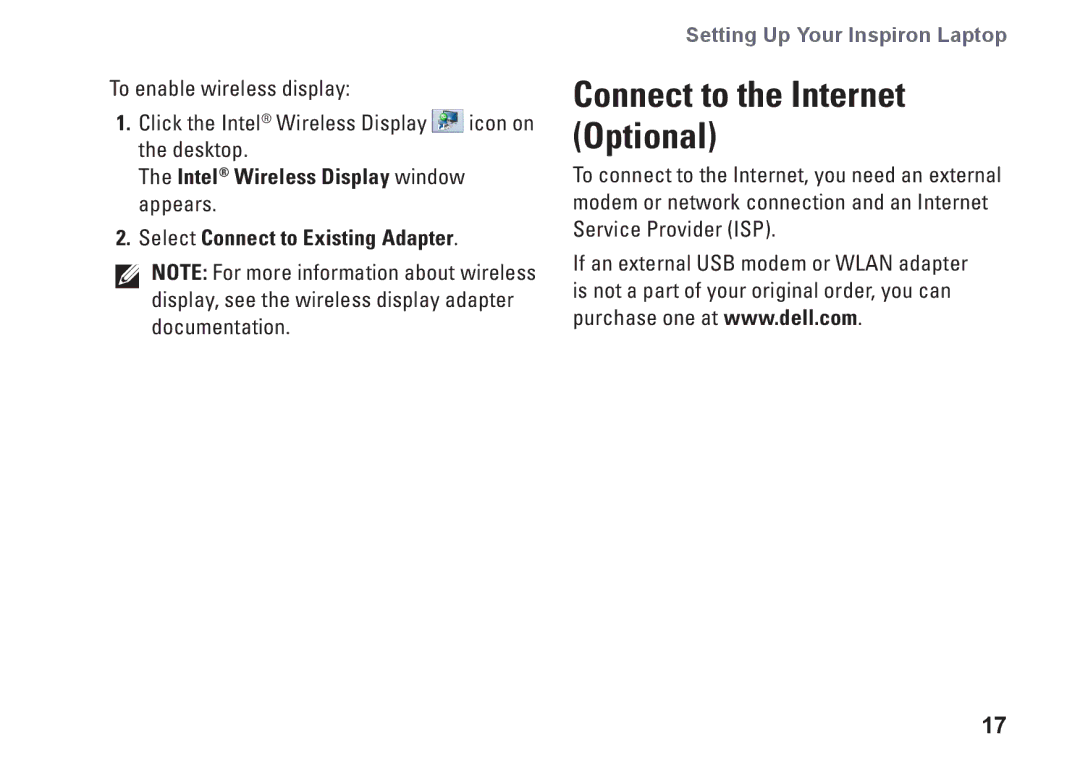 Dell 02T7WRA02, N4010, P11G001 setup guide Connect to the Internet Optional 