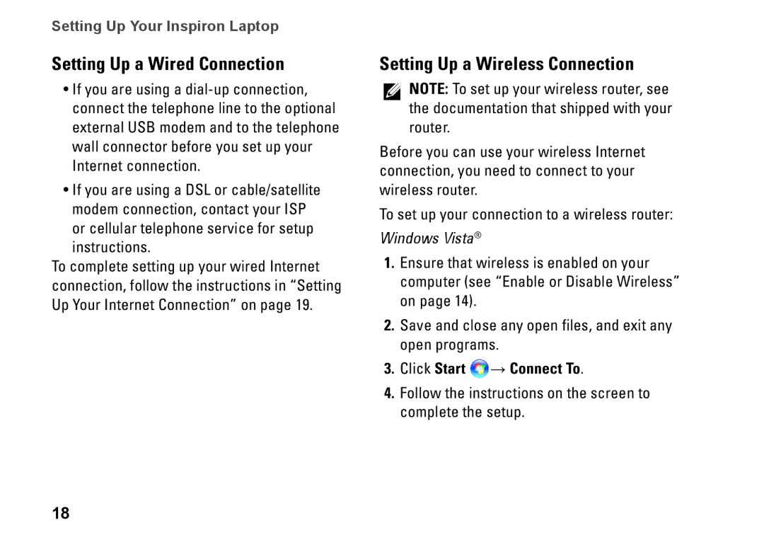 Dell 2T7WR, N4010, P11G001 Setting Up a Wired Connection, Setting Up a Wireless Connection, Click Start → Connect To 