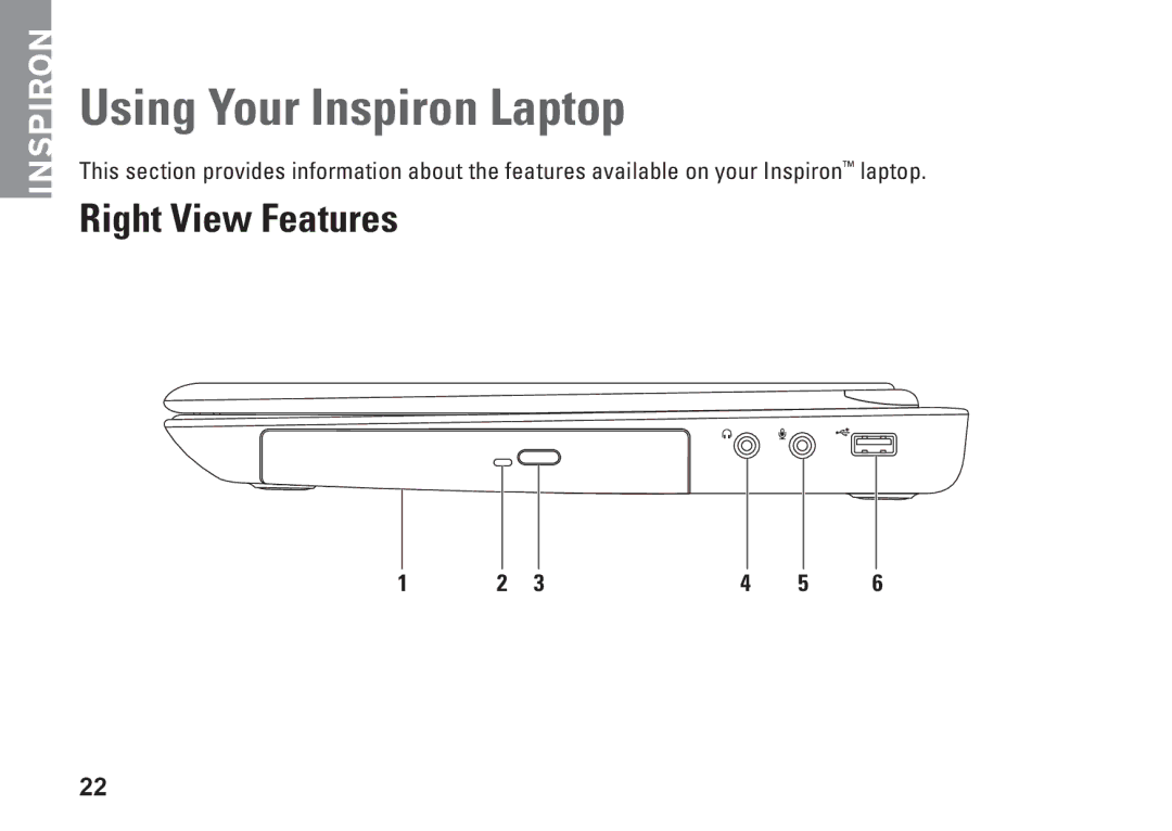 Dell 02T7WRA02, N4010, P11G001 setup guide Using Your Inspiron Laptop, Right View Features 