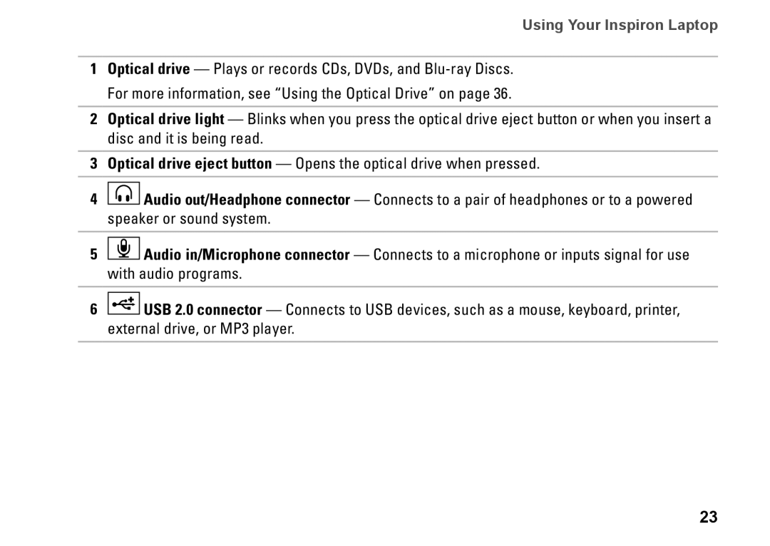 Dell N4010, P11G001, 02T7WRA02 setup guide Using Your Inspiron Laptop 