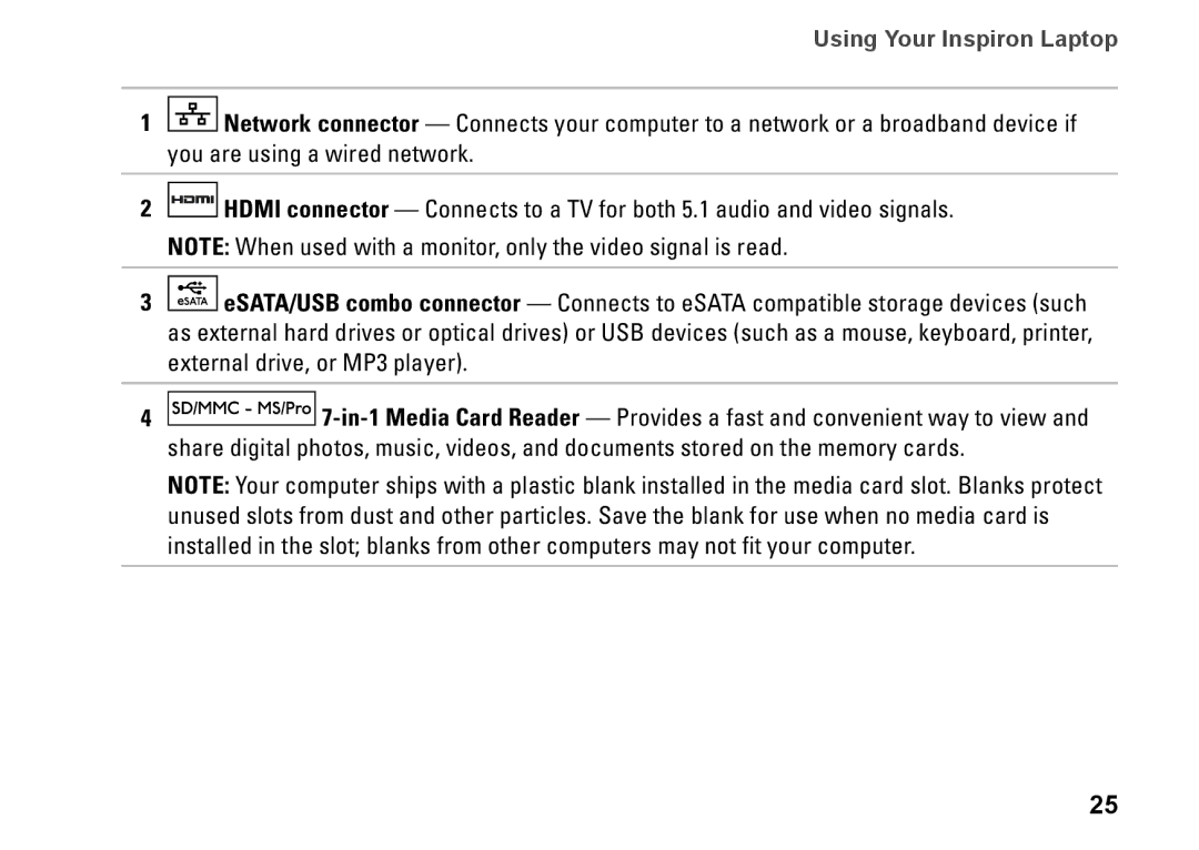 Dell P11G001, N4010, 02T7WRA02 setup guide Using Your Inspiron Laptop 