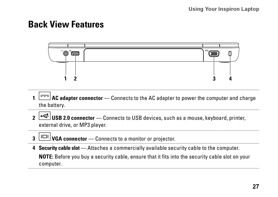 Dell 02T7WRA02, N4010, P11G001 setup guide Back View Features 