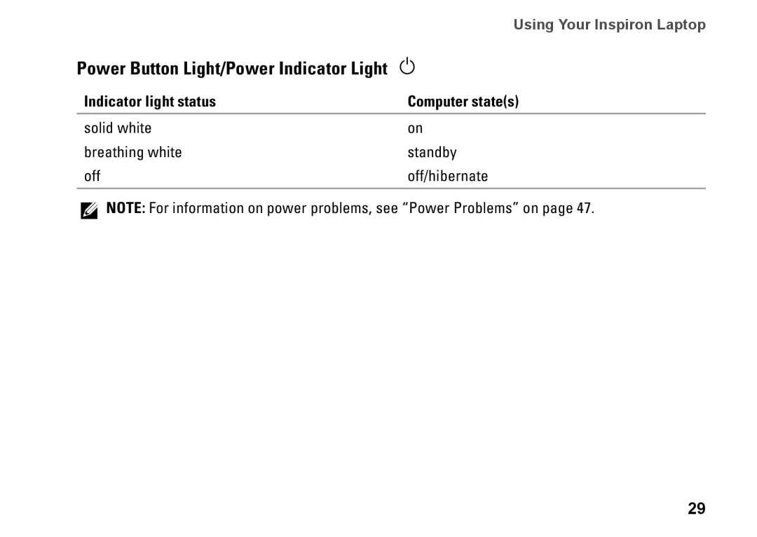 Dell N4010, P11G001, 02T7WRA02 Power Button Light/Power Indicator Light, Indicator light status Computer states 