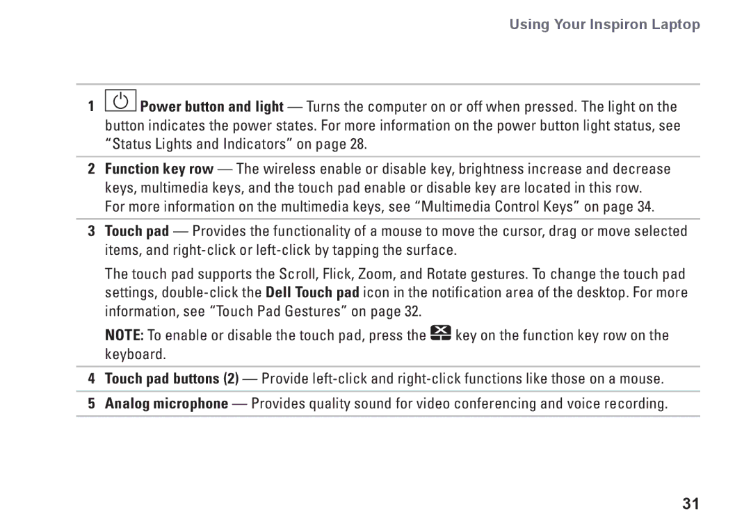 Dell N4010, P11G001, 02T7WRA02 setup guide Using Your Inspiron Laptop 