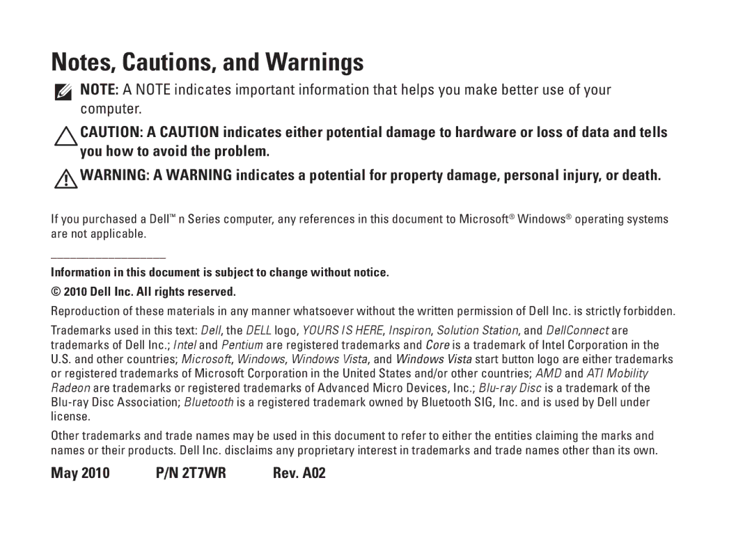 Dell 02T7WRA02, N4010, P11G001 setup guide May 2010 P/N 2T7WR Rev. A02 