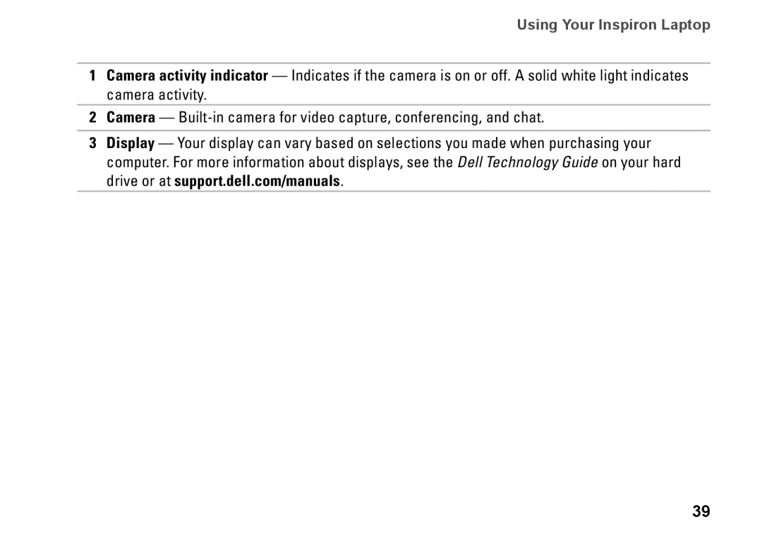 Dell N4010, P11G001, 02T7WRA02 setup guide Using Your Inspiron Laptop 