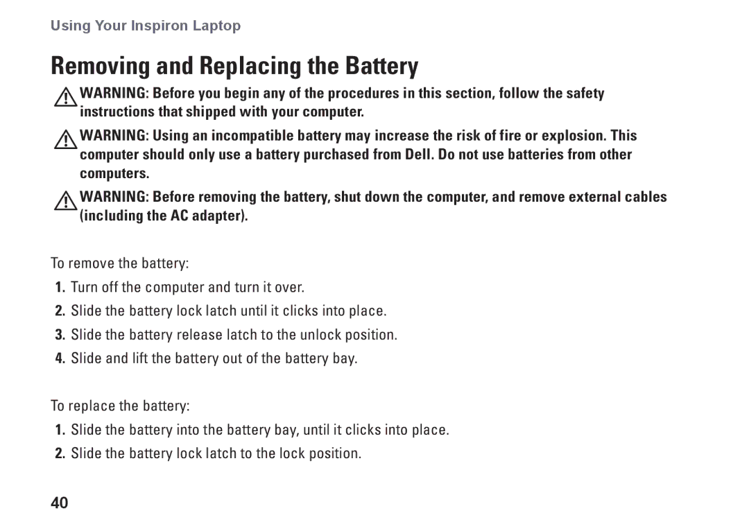 Dell P11G001, N4010, 02T7WRA02 setup guide Removing and Replacing the Battery 