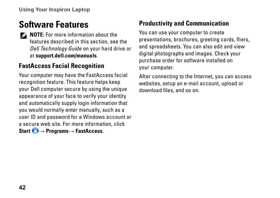 Dell 02T7WRA02, N4010, P11G001 setup guide Software Features, FastAccess Facial Recognition, Productivity and Communication 