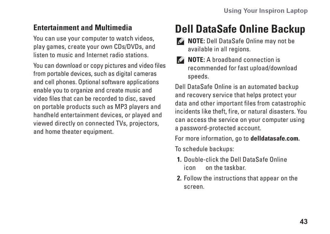 Dell N4010, P11G001, 02T7WRA02 setup guide Dell DataSafe Online Backup, Entertainment and Multimedia 