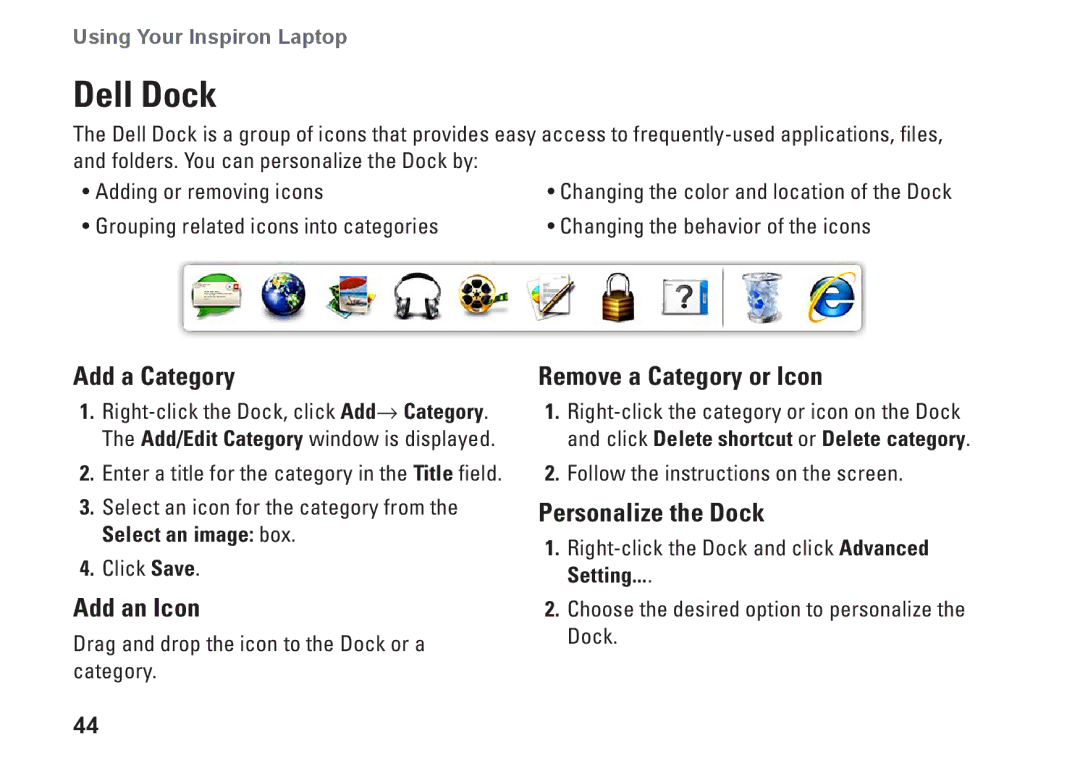 Dell N4010, 2T7WR, P11G001 Dell Dock, Add a Category, Add an Icon, Remove a Category or Icon, Personalize the Dock 