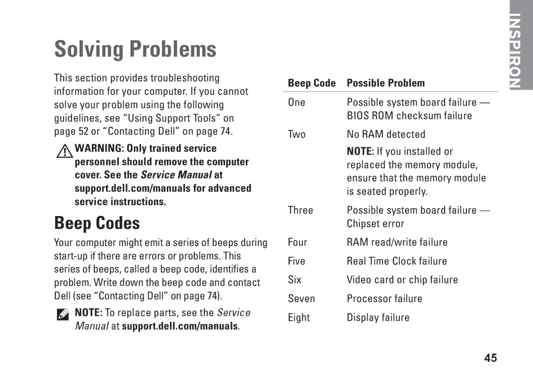 Dell P11G001, N4010, 02T7WRA02 setup guide Solving Problems, Beep Codes, Beep Code Possible Problem 