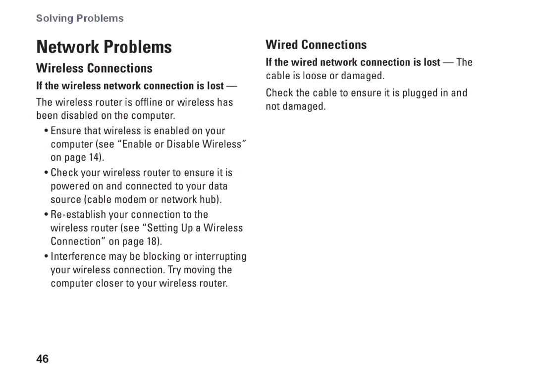 Dell N4010, P11G001, 02T7WRA02 setup guide Network Problems, Wireless Connections, Wired Connections 