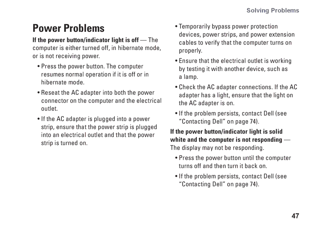 Dell 02T7WRA02, N4010, P11G001 setup guide Power Problems 