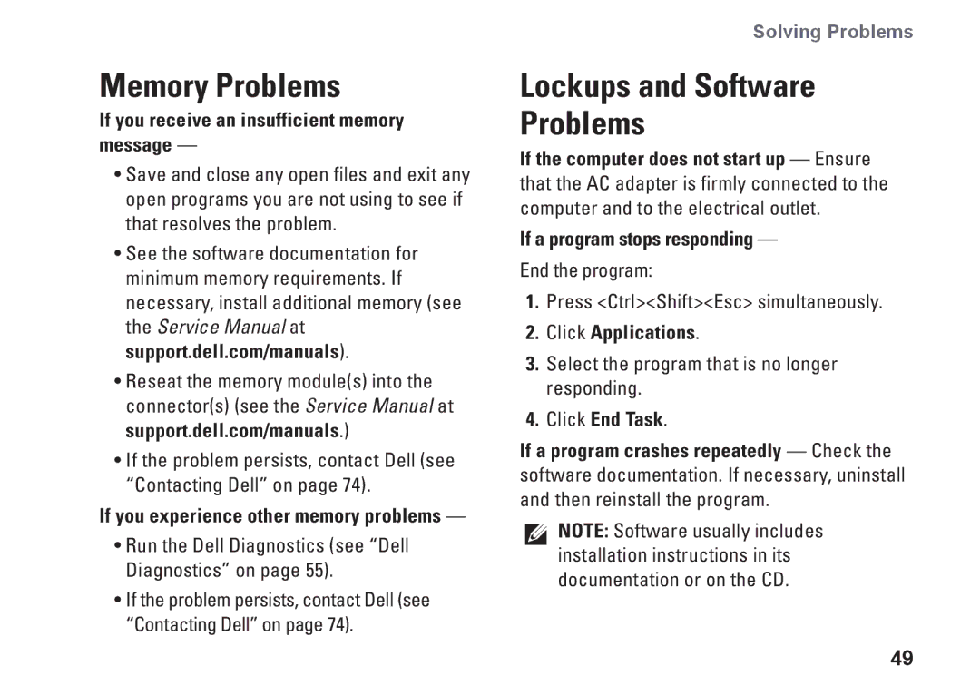 Dell N4010, 2T7WR, P11G001 Memory Problems, If you receive an insufficient memory message, If a program stops responding 