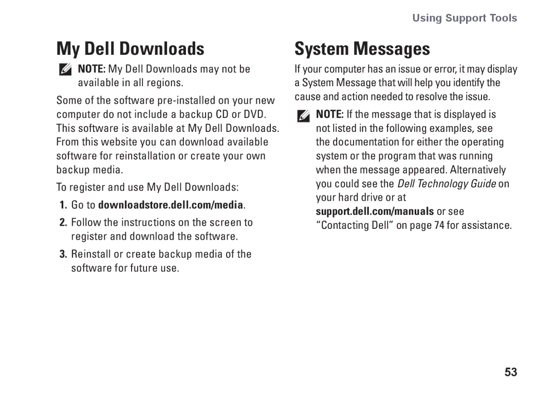 Dell N4010, P11G001, 02T7WRA02 setup guide My Dell Downloads, System Messages 