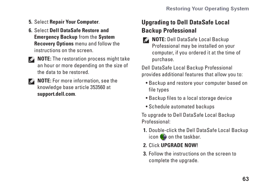 Dell 2T7WR, N4010 Upgrading to Dell DataSafe Local Backup Professional, Select Repair Your Computer, Click Upgrade Now 