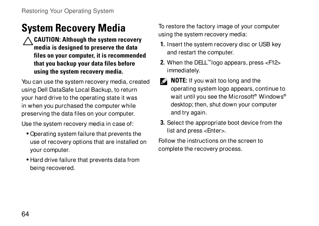 Dell N4010, P11G001, 02T7WRA02 setup guide System Recovery Media 