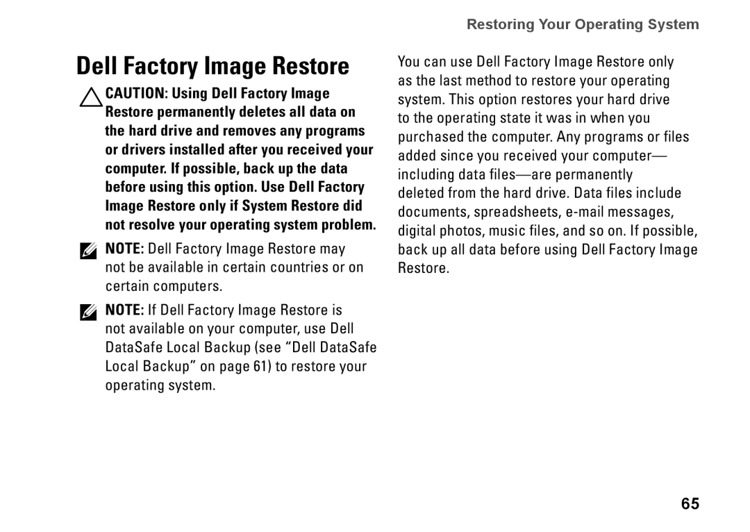 Dell P11G001, N4010, 02T7WRA02 setup guide Dell Factory Image Restore 